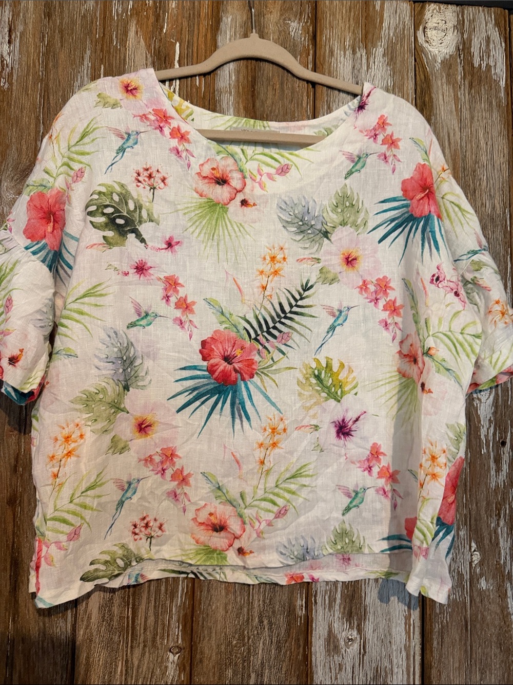 Viola Borgia Linen Tropical Floral  Hummingbird Short Sleeve Blouse